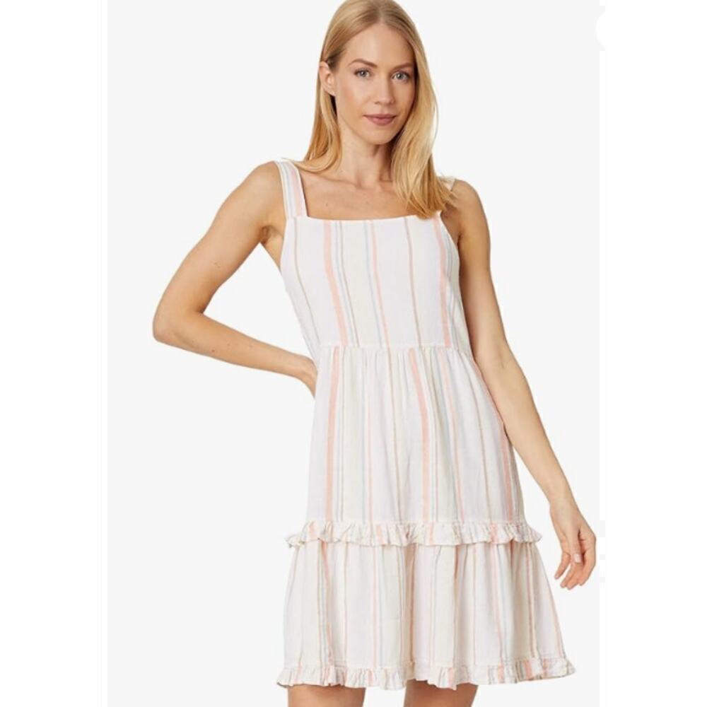 Bobi Women's Square Neck Tiered Striped Mini Dress Size L Cream Multicolor NWT